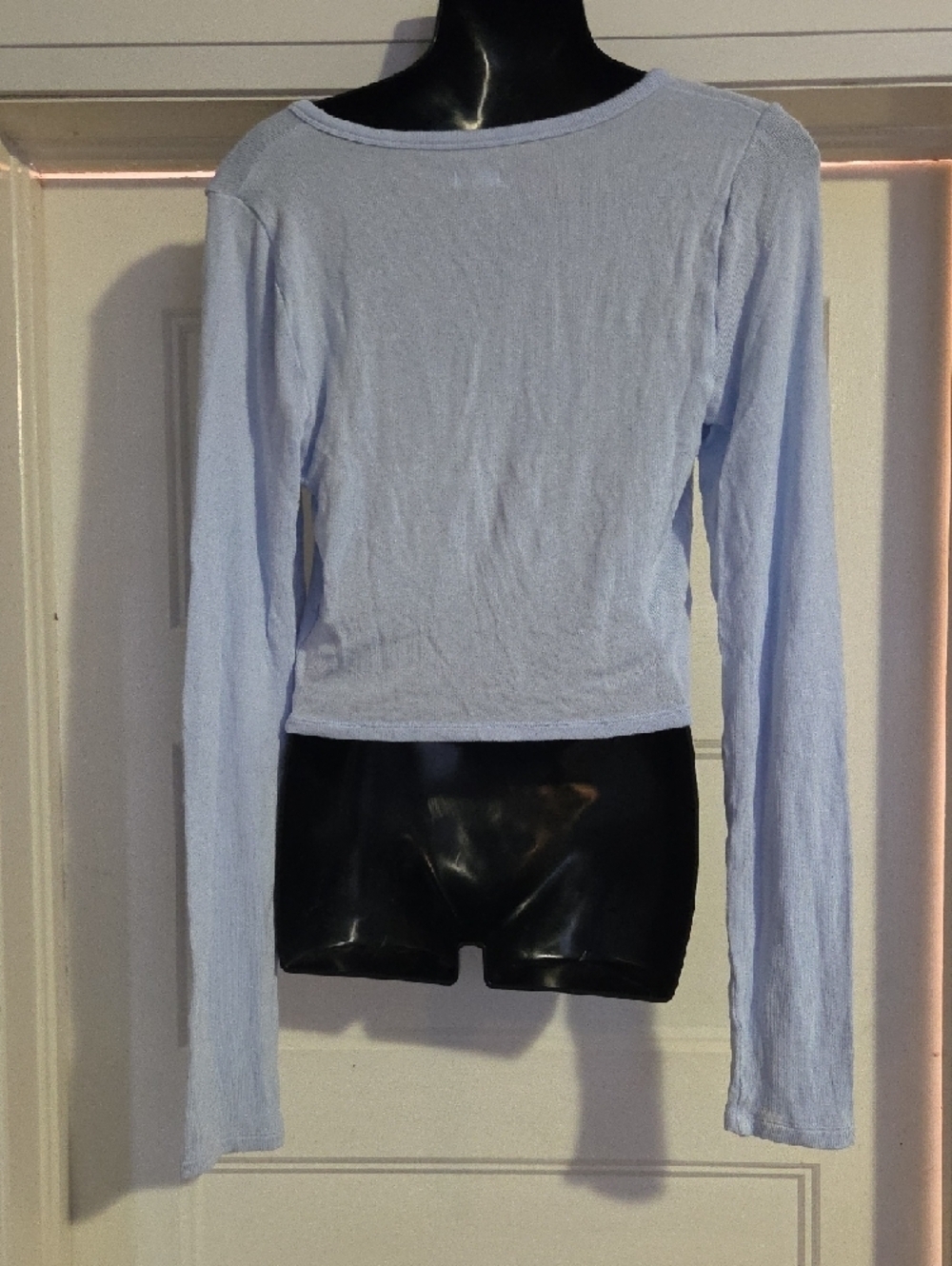 aerie Light Blue Ribbed Cropped Button-Up Top - Picture 4 of 6